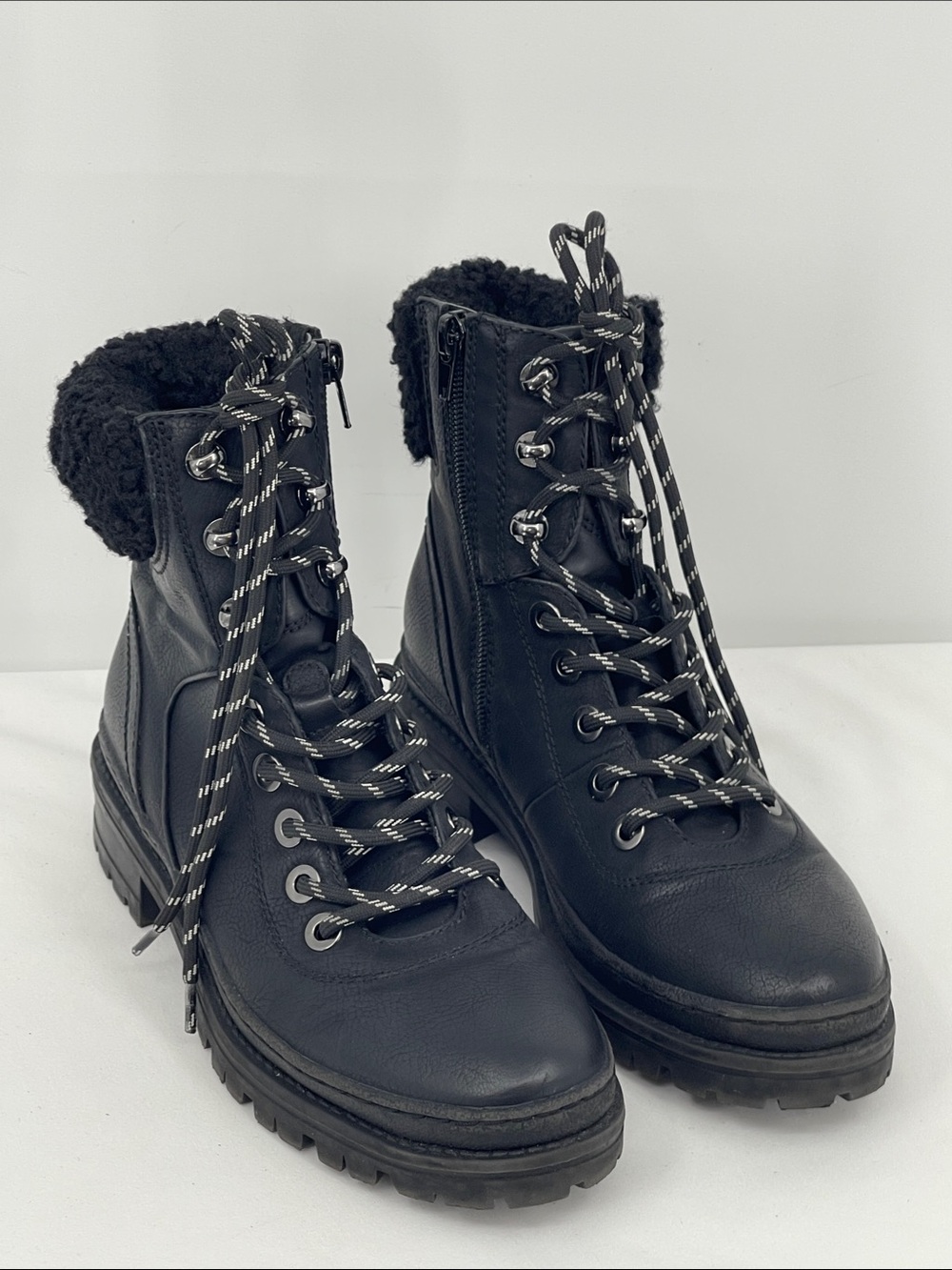 STEVE MADDEN Women’s Black Faux-Fur Lace-Up Combat Boots SIZE 7.5